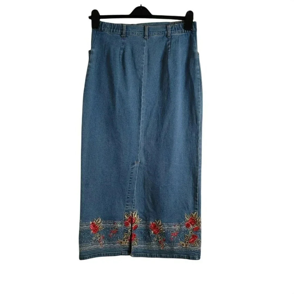 Denim &Co Skirt Maxi M Womens Embroidered Roses Blue Jean Long Pockets slit back - Picture 2 of 11